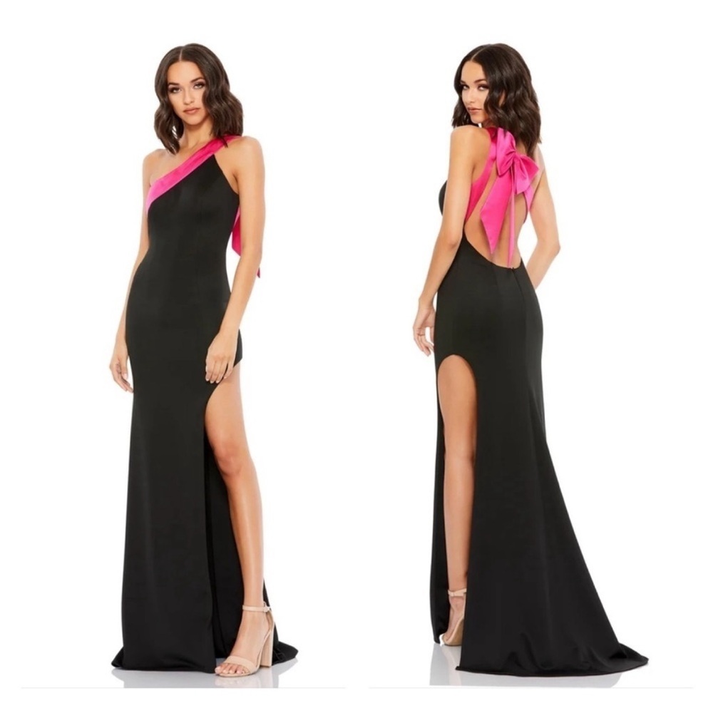 NEW MAC DUGGAL 49444 DRESS One Shoulder Bow
Maxi Gown in Black and Fuschia 0